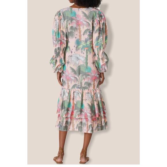 LoboRosa Pink Floral Puff Sleeve Palms Button Front Up Dress Size Large - Picture 3 of 16